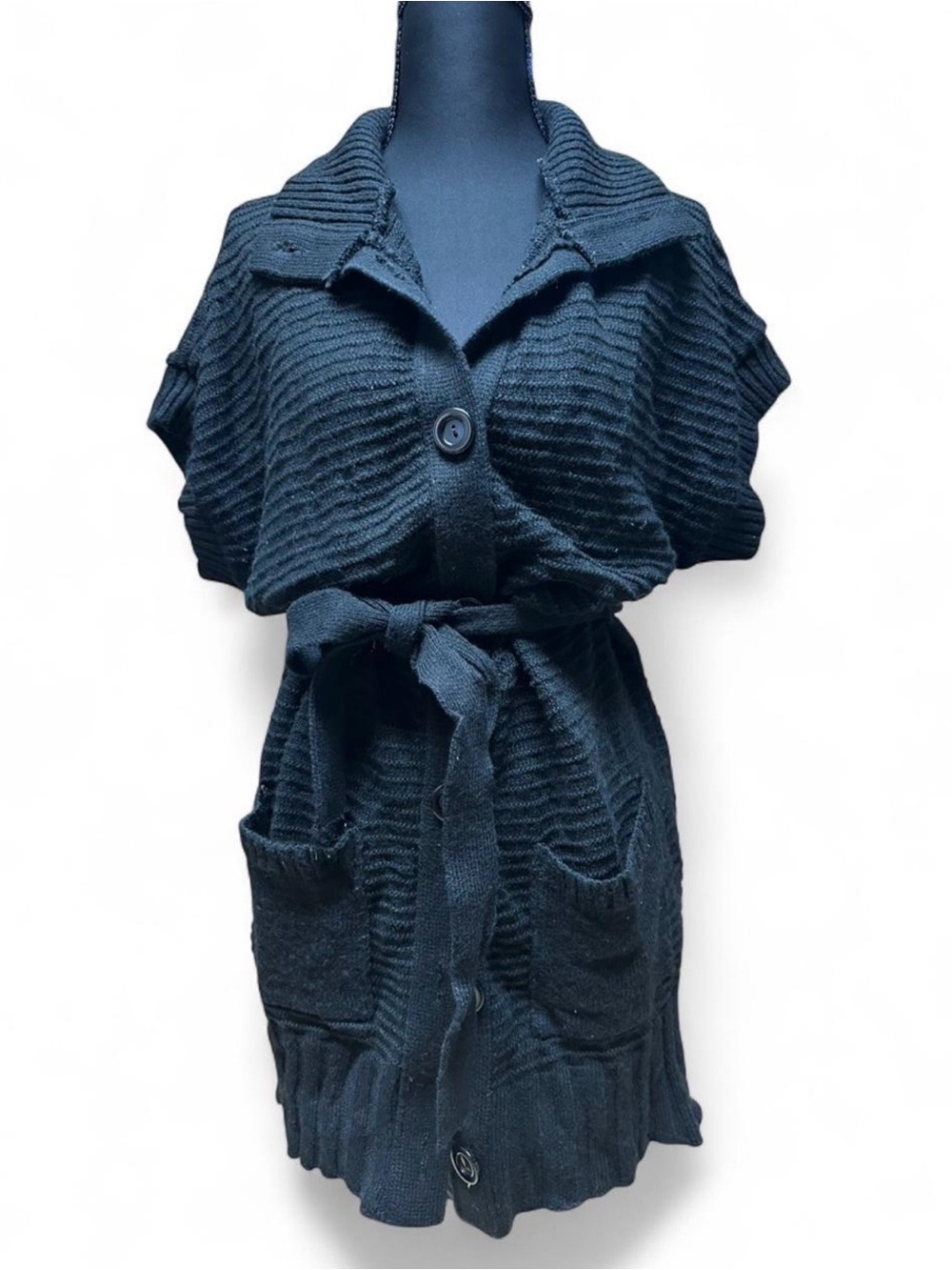Y2K Black Chunky Knit Belted Sweater Dress Cardigan Goth Dark Academia Cozycore
